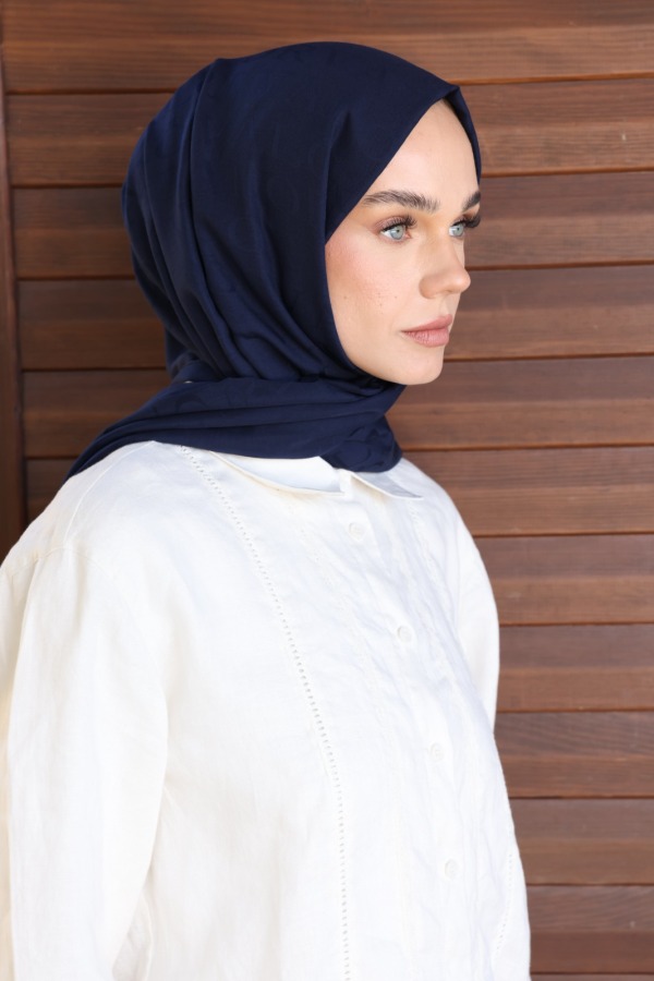 Lacivert Monogram Desen Şal 