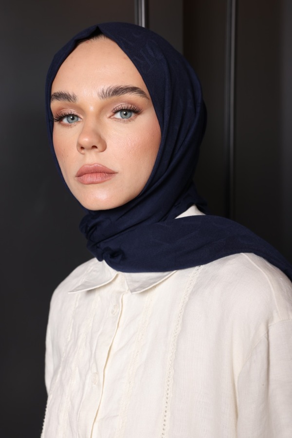 Lacivert Monogram Desen Şal - (1)