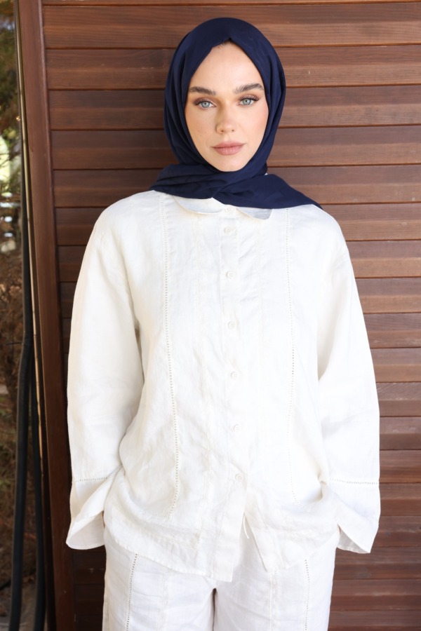 Lacivert Monogram Desen Şal - 3