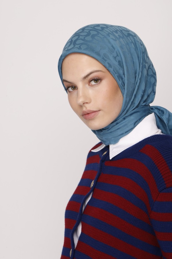  - PETROL MAVİ BLOOM DESEN EŞARP