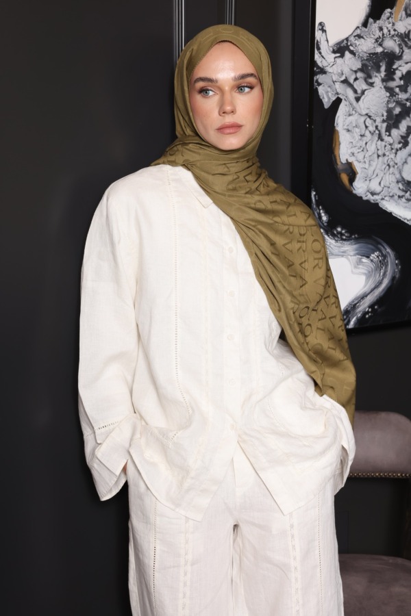 Toprak Yeşili Monogram Desen Şal - (1)