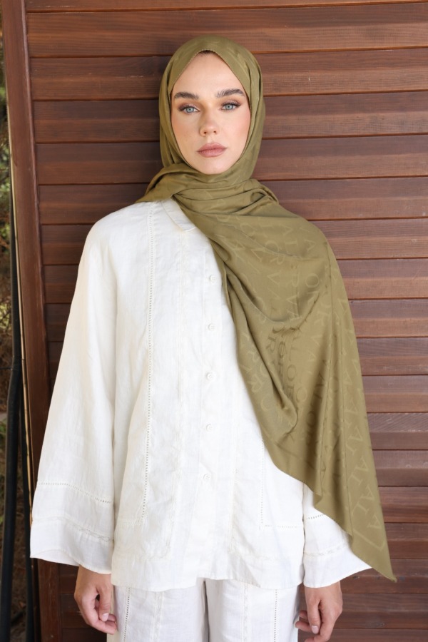 Toprak Yeşili Monogram Desen Şal - 3